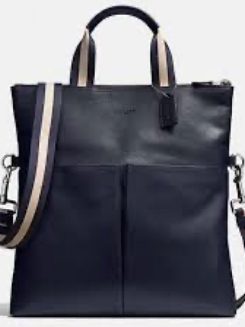 Coach Charles Foldover Navy Leather Messenger Tote with Contrasting Stripe Strap